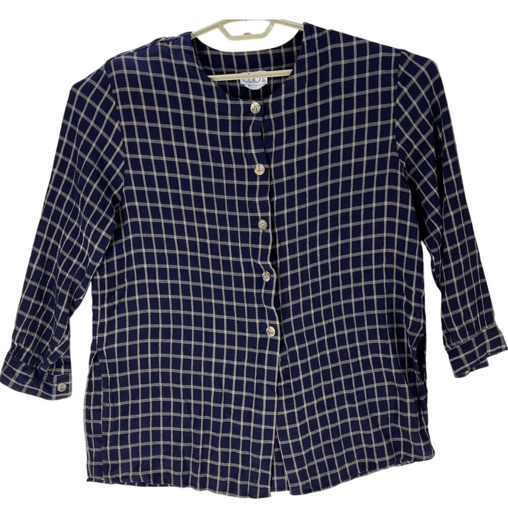 Vintage CLIO II Blouse Women Plus 1X Blue Plaid Button Front Shoulder Pads 90s